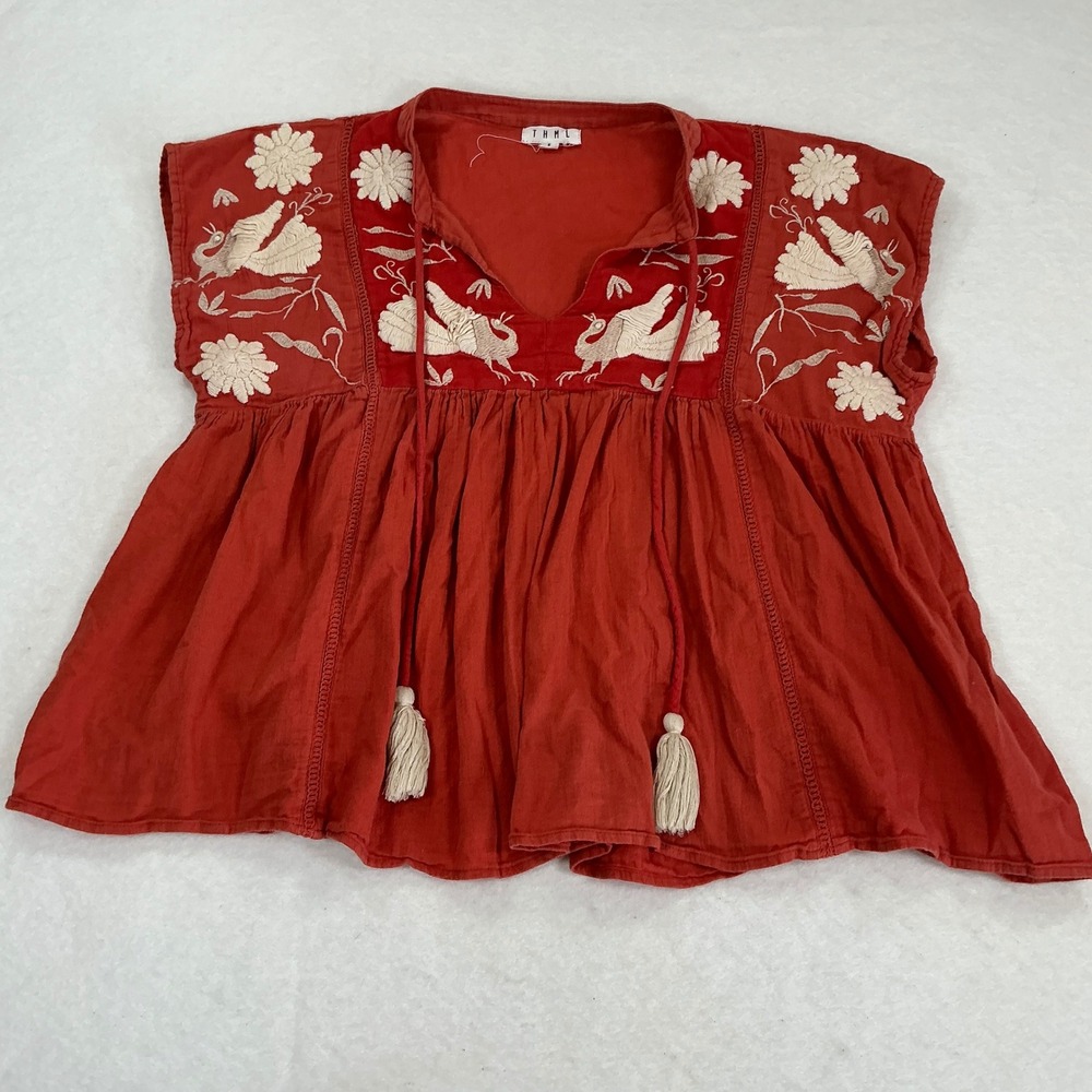 THML Embroidered Bird Floral Babydoll Top Rust Red Cotton Boho SRT1058-1-RA S